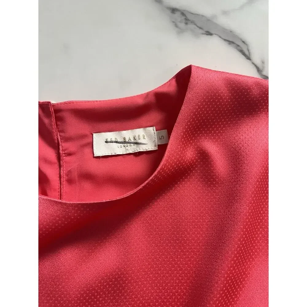 Ted Baker Textured Satin Midi Dress Size 12 Coral Pink Puff Sleeve modest chic - Picture 4 of 12